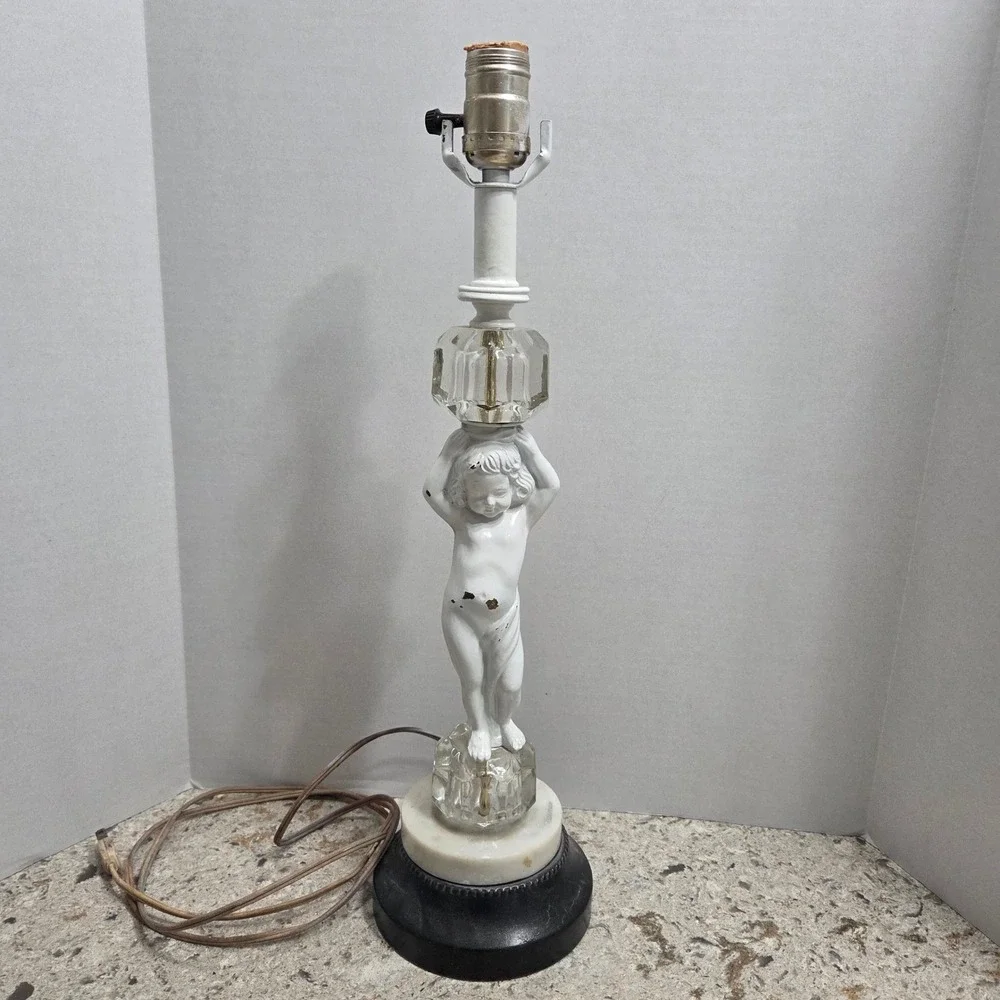 Vintage Cherub Lamp Marble Base Accent Table Lamp Boudoir Lighting 19